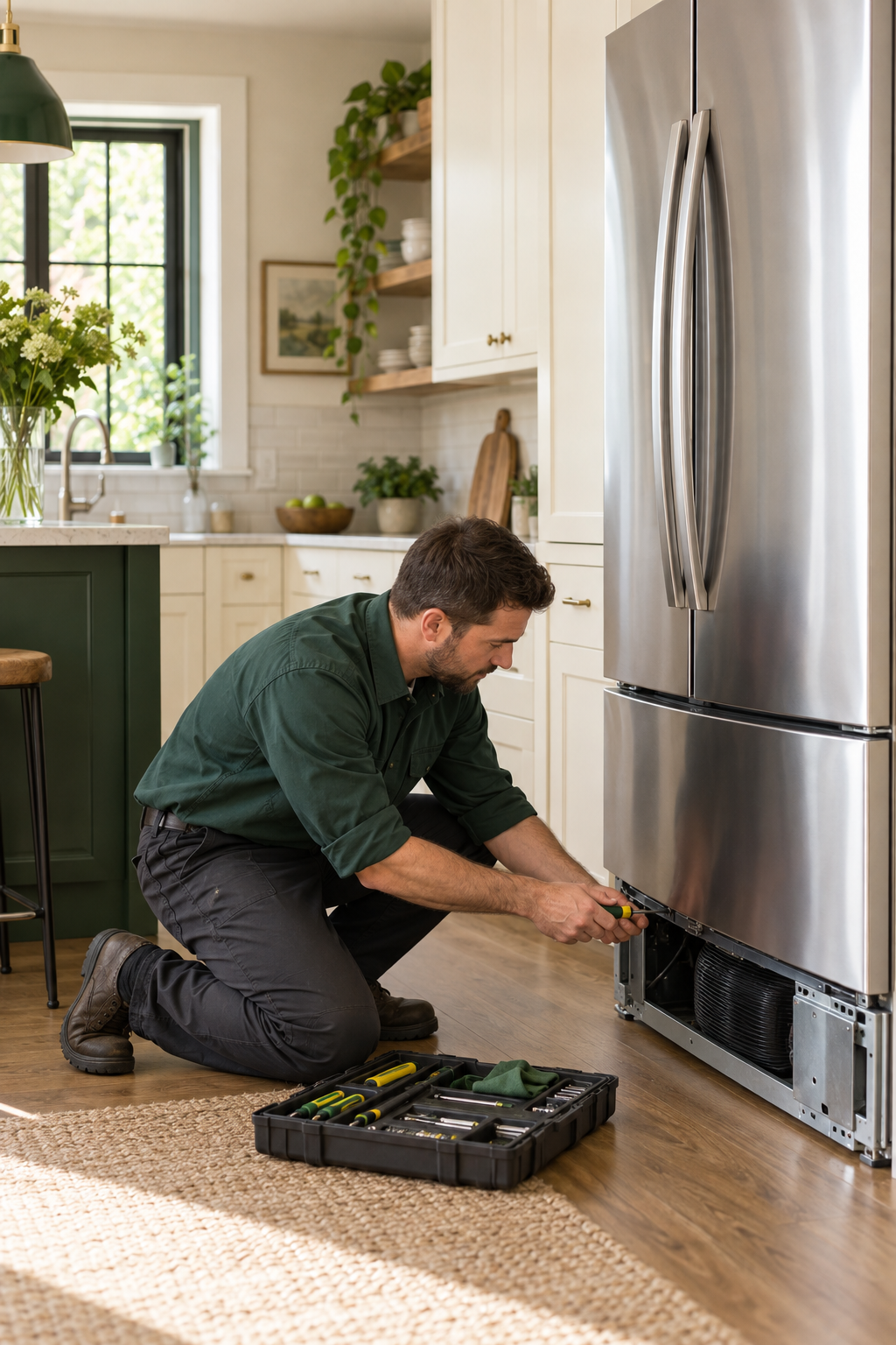 Appliance repair technician servicing a refrigerator in a home kitchen